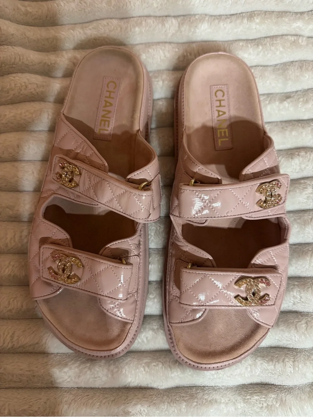 CHANEL Pale Pink Quilted Patent Leather Double-Strap Slide Sandals with Gold CC